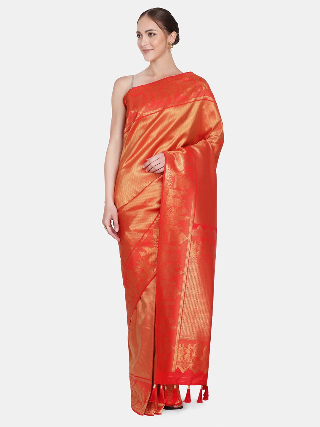 

BOMBAY SELECTIONS Red & Golden Ethnic Motifs Zari Pure Silk Kanjeevaram Saree