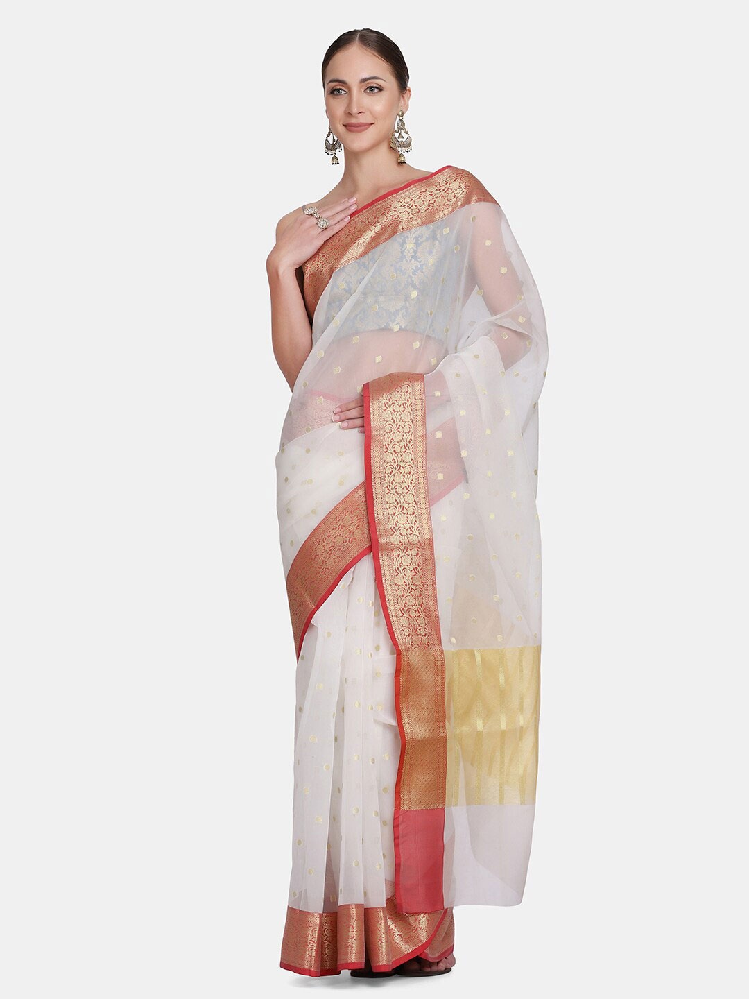 

BOMBAY SELECTIONS White & Red Woven Design Organza Banarasi Saree