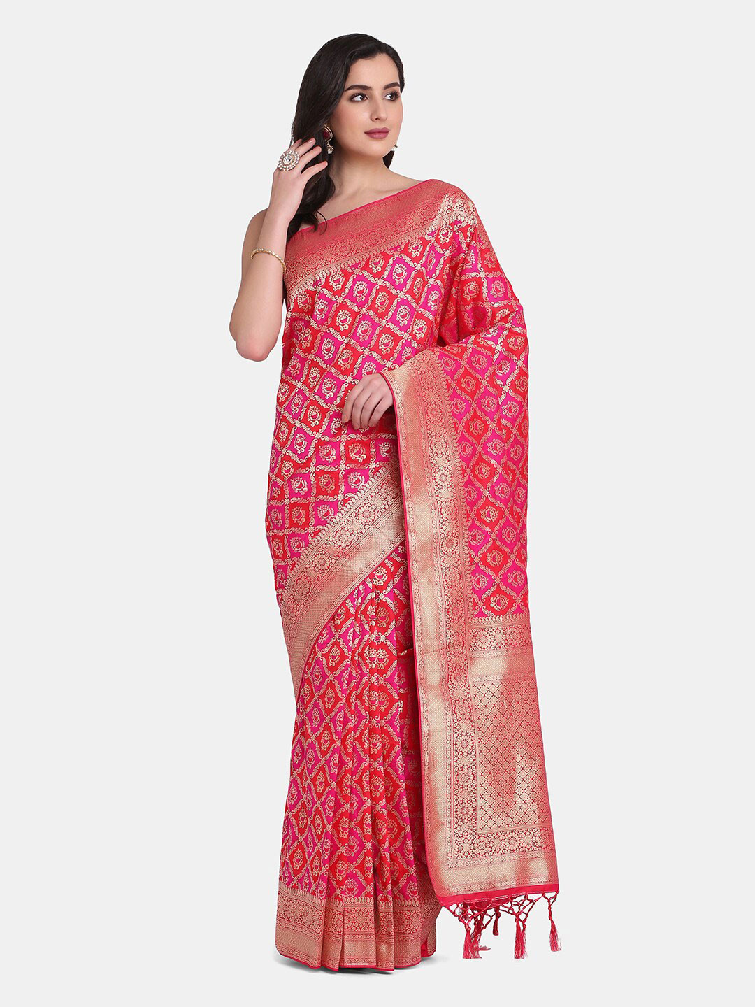 

BOMBAY SELECTIONS Red & Orange Woven Design Art Silk Banarasi Saree