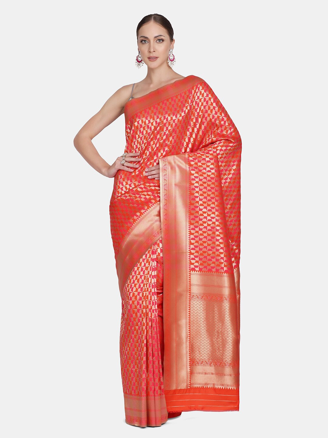 

BOMBAY SELECTIONS Orange & Gold-Toned Woven Design Zari Pure Silk Kanjeevaram Saree