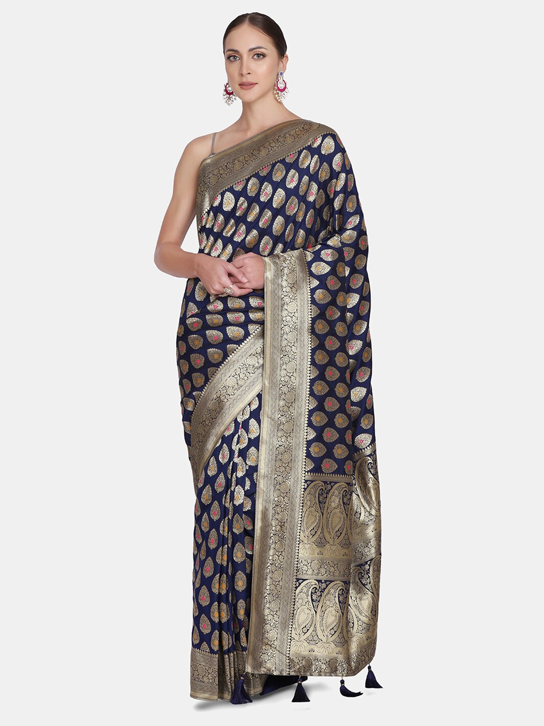 

BOMBAY SELECTIONS Navy Blue & Gold-Toned Woven Design Zari Pure Silk Banarasi Saree