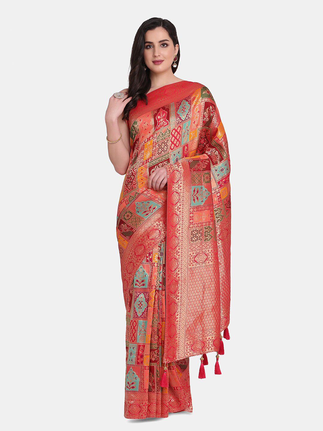 

BOMBAY SELECTIONS Red & Turquoise Blue Woven Design Zari Pure Silk Banarasi Saree