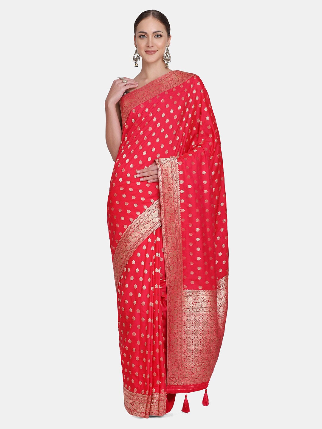 

BOMBAY SELECTIONS Pink & Gold-Toned Woven Design Zari Pure Silk Banarasi Saree