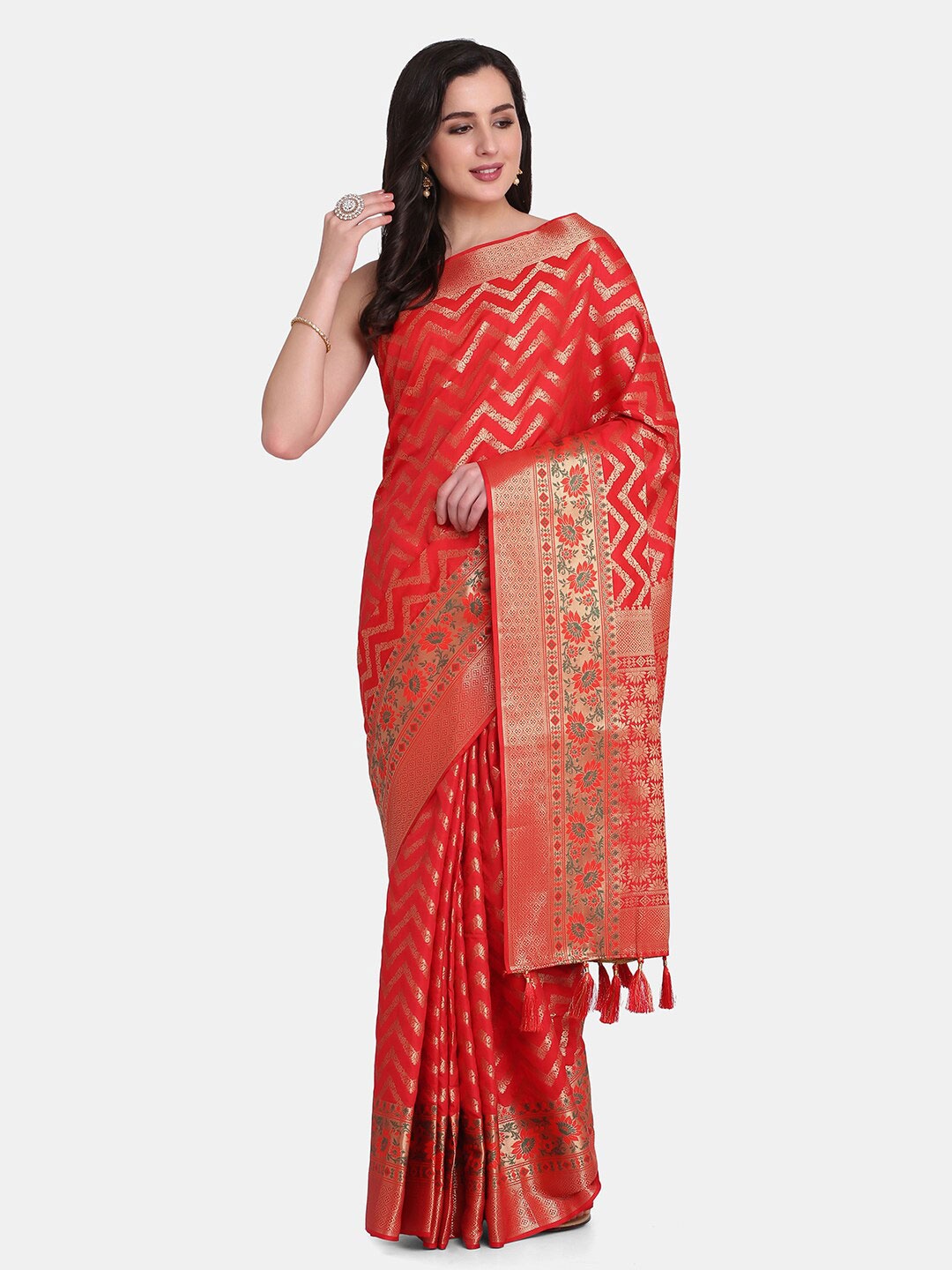 

BOMBAY SELECTIONS Red & Gold-Toned Woven Design Zari Art Silk Banarasi Saree