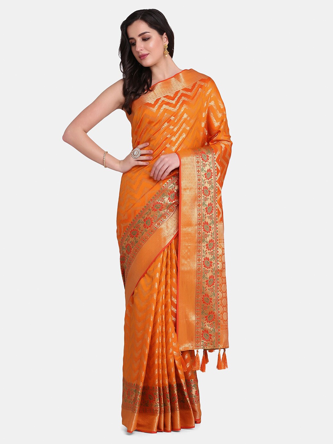 

BOMBAY SELECTIONS Orange & Gold-Toned Floral Zari Art Silk Banarasi Saree