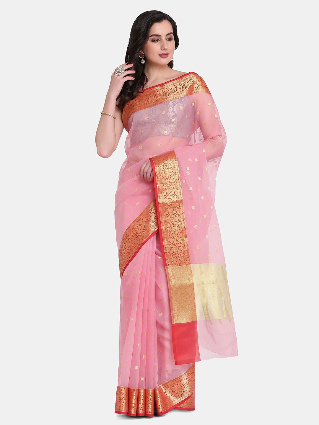 

BOMBAY SELECTIONS Pink & Red Woven Design Zari Organza Banarasi Saree