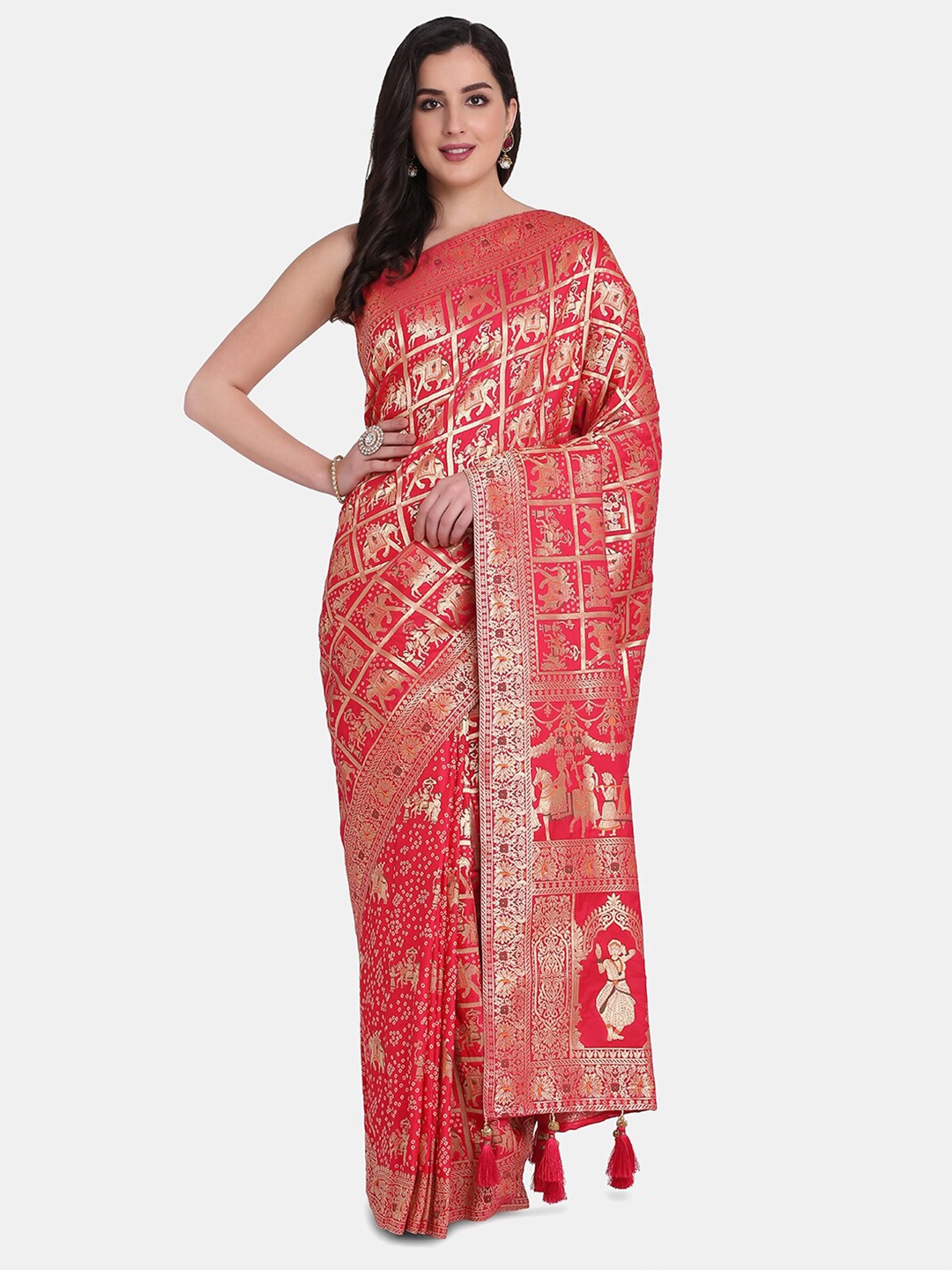 

BOMBAY SELECTIONS Red & Gold-Toned Ethnic Motifs Zari Art Silk Banarasi Saree