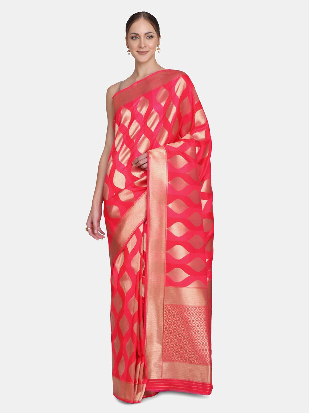 

BOMBAY SELECTIONS Pink & Gold-Toned Woven Design Zari Pure Silk Kanjeevaram Saree