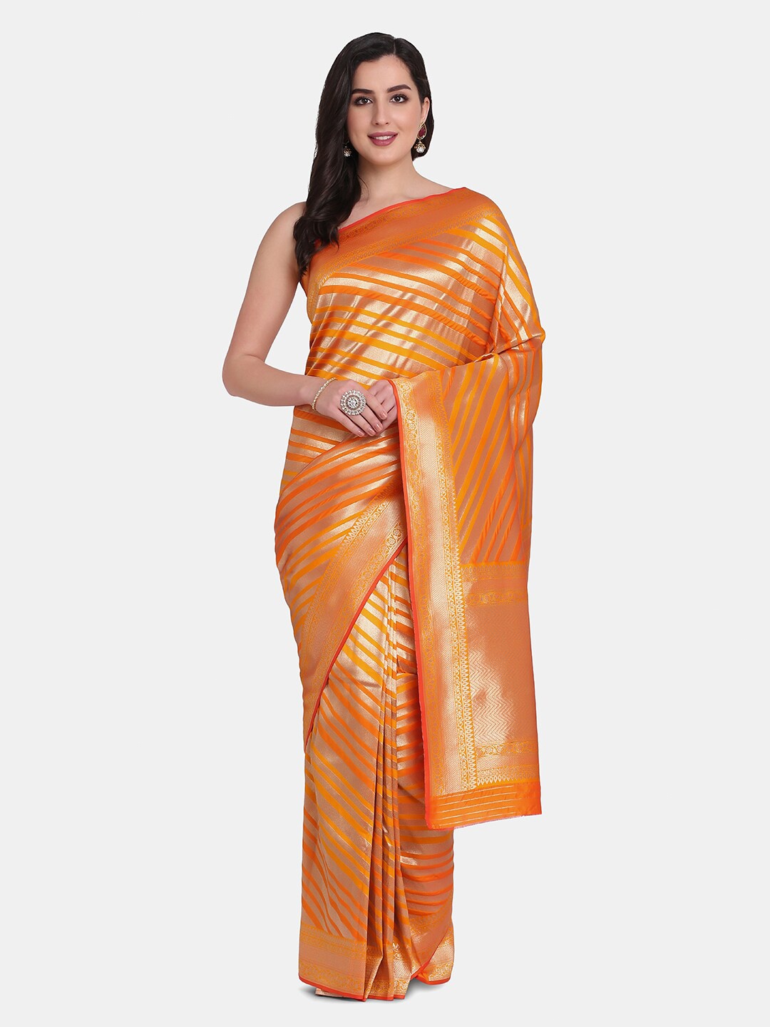 

BOMBAY SELECTIONS Orange & Gold-Toned Striped Zari Pure Silk Kanjeevaram Saree