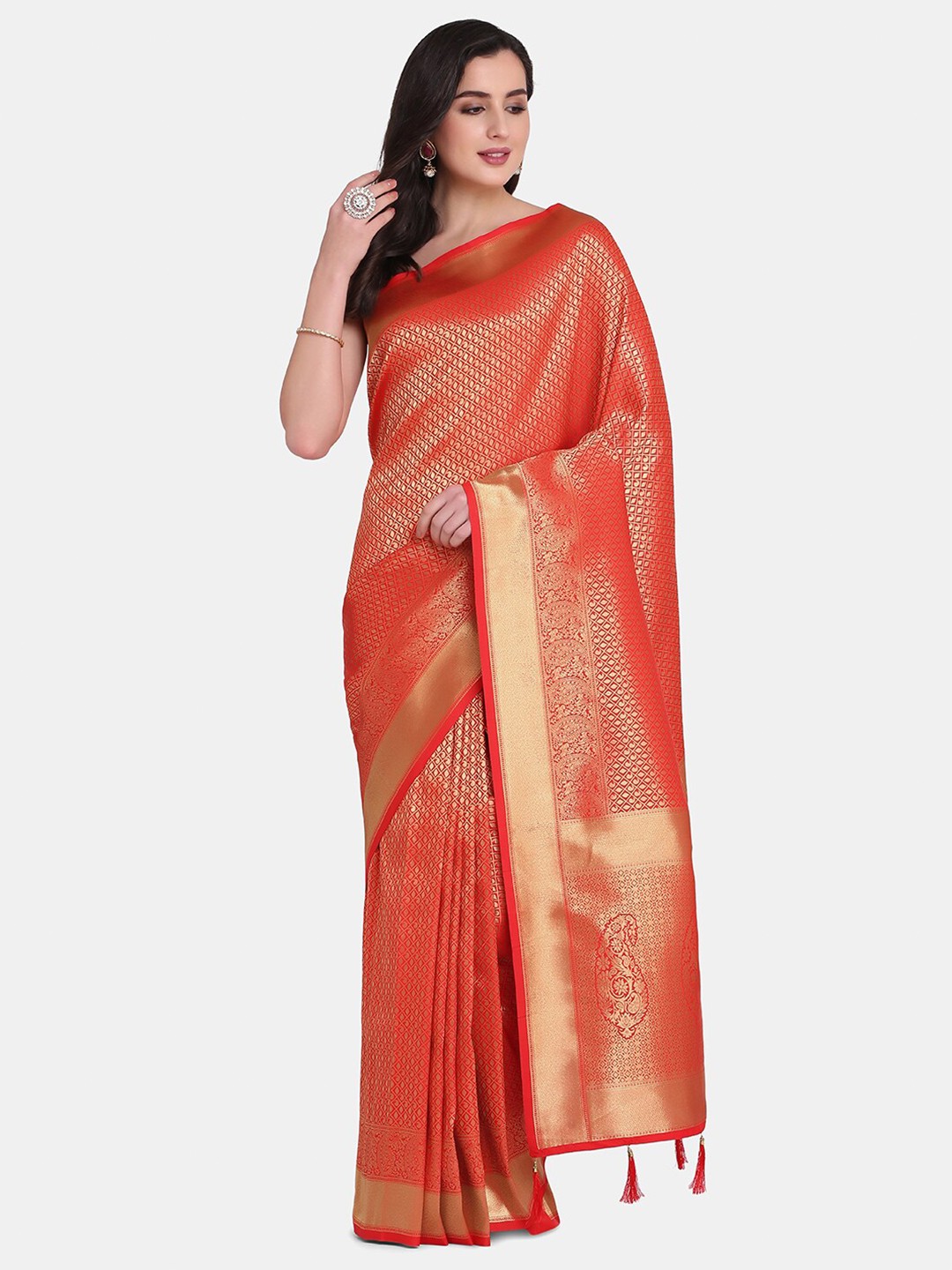 

BOMBAY SELECTIONS Red & Gold-Toned Woven Design Zari Art Silk Banarasi Saree