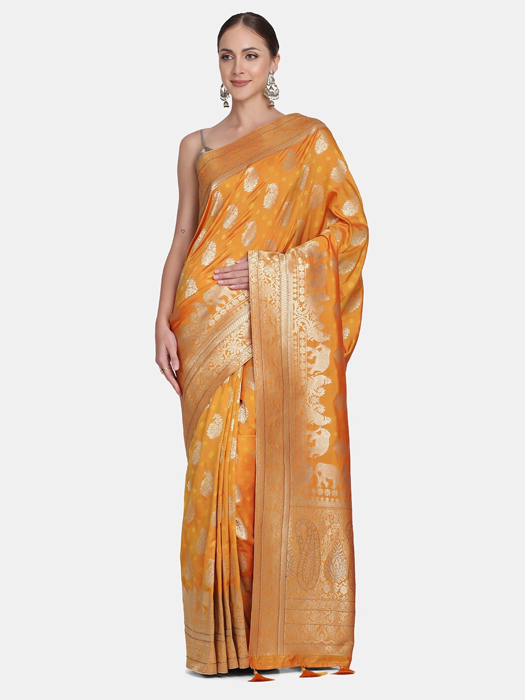 

BOMBAY SELECTIONS Yellow & Gold-Toned Ethnic Motifs Art Silk Banarasi Saree