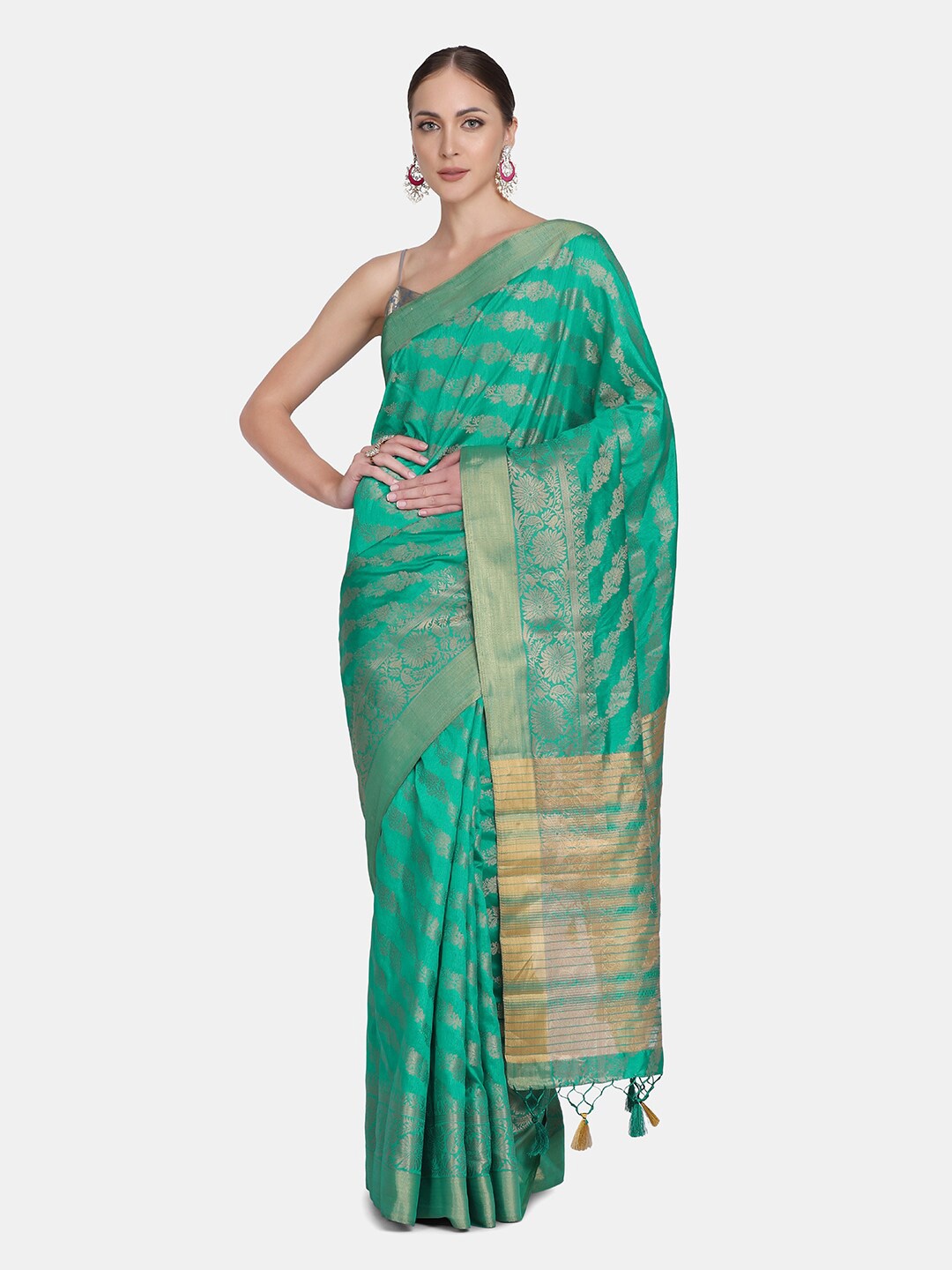 

BOMBAY SELECTIONS Green & Gold-Toned Woven Design Zari Art Silk Banarasi Saree