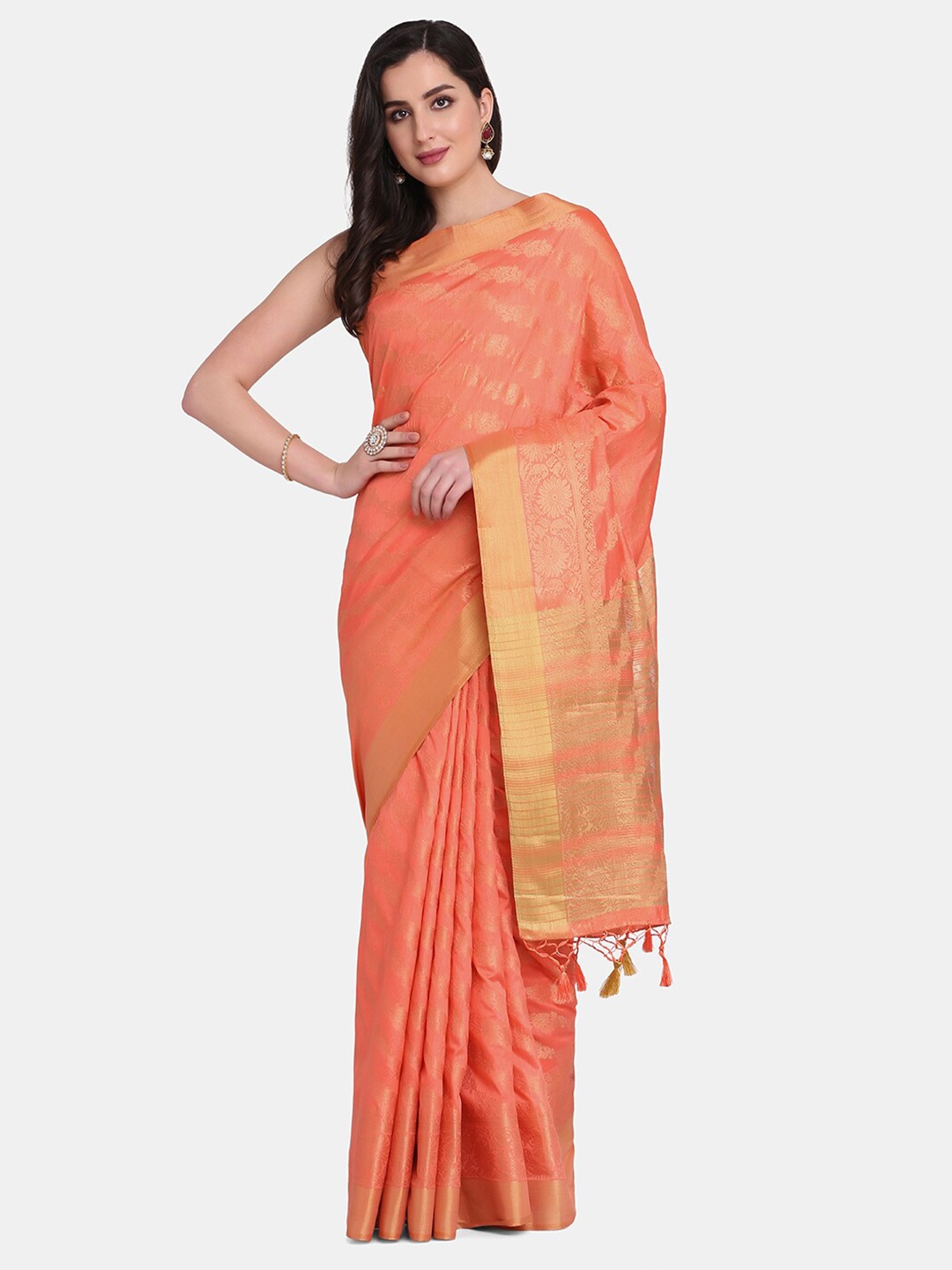 

BOMBAY SELECTIONS Peach-Coloured & Gold-Toned Woven Design Zari Art Silk Banarasi Saree