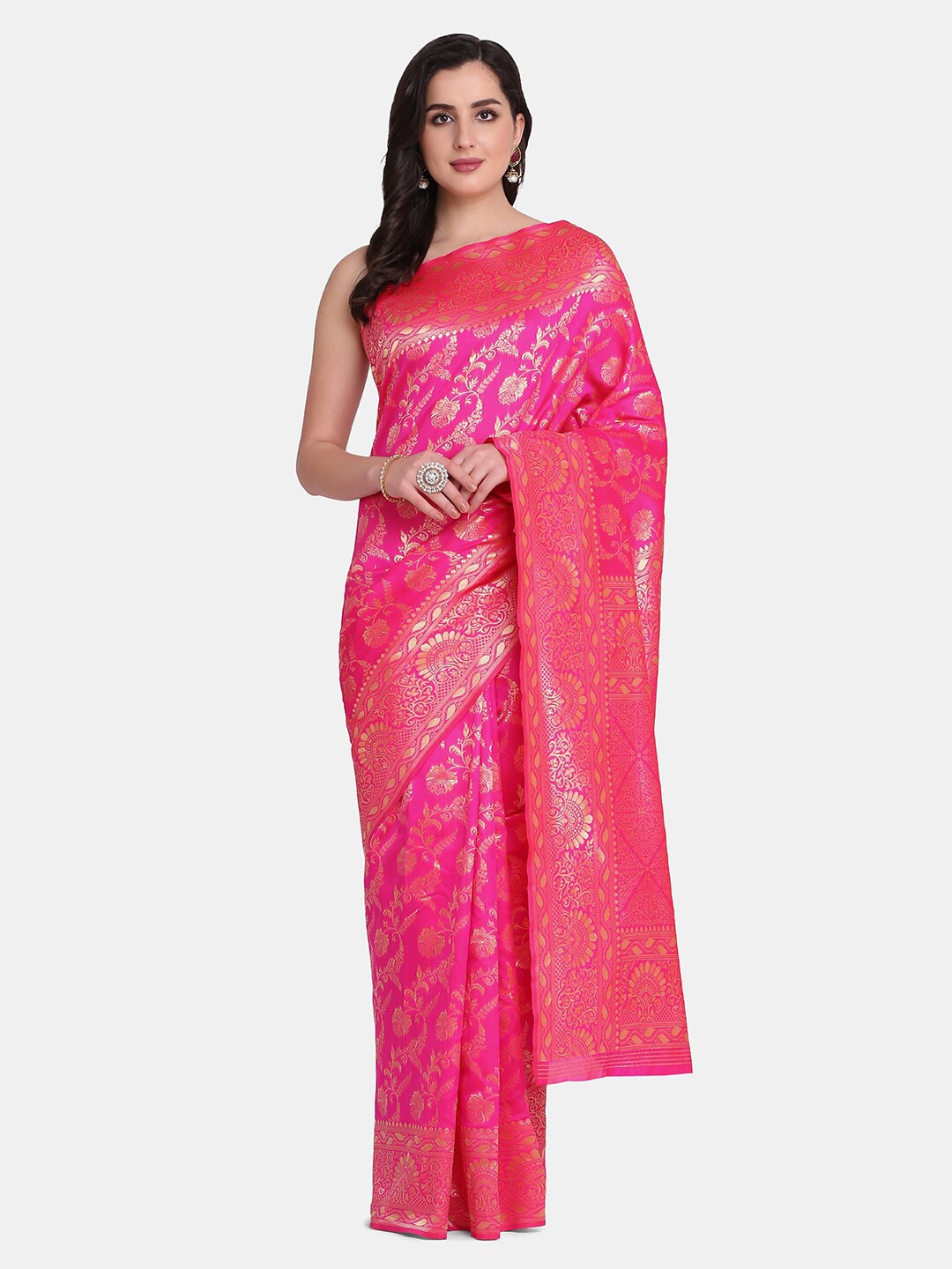 

BOMBAY SELECTIONS Pink & Gold-Toned Woven Design Zari Art Silk Banarasi Saree