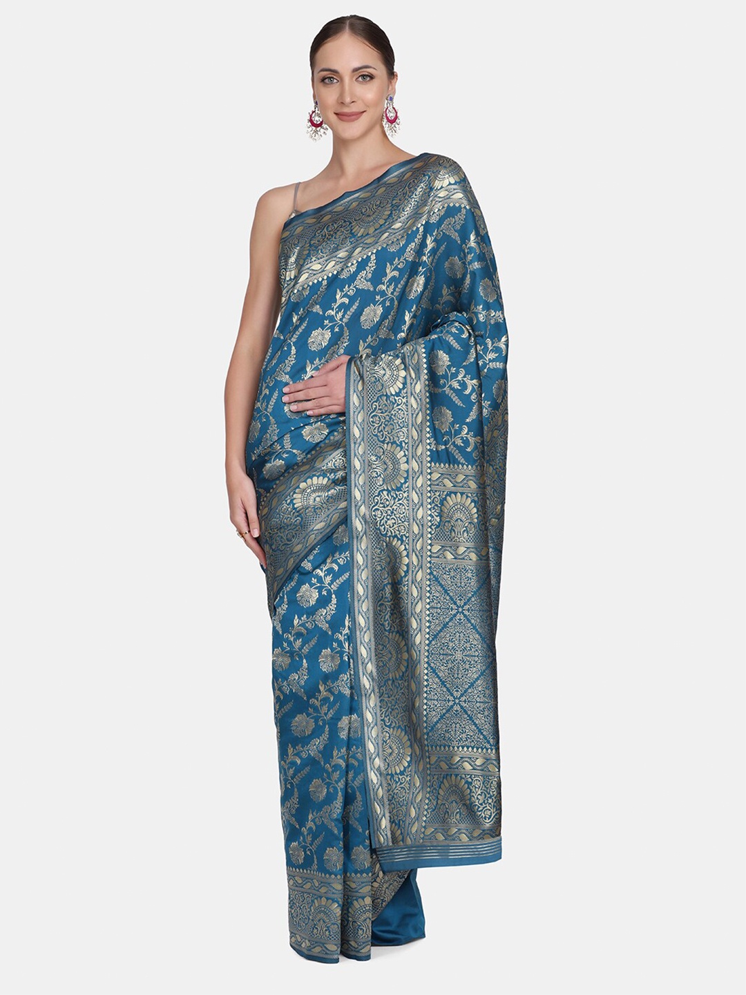 

BOMBAY SELECTIONS Blue & Gold-Toned Woven Design Zari Art Silk Banarasi Saree