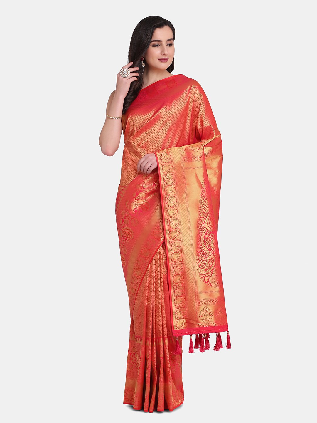 

BOMBAY SELECTIONS Pink & Gold-Toned Woven Design Pure Silk Kanjeevaram Saree