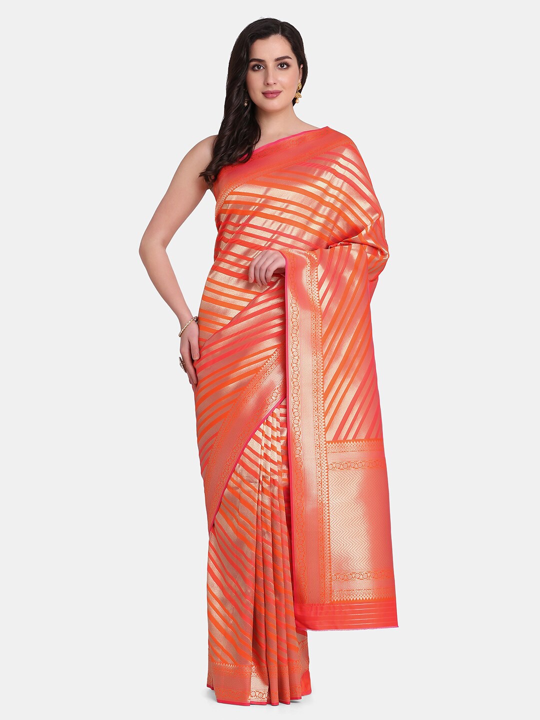 

BOMBAY SELECTIONS Pink & Gold-Toned Woven Design Zari Pure Silk Kanjeevaram Saree
