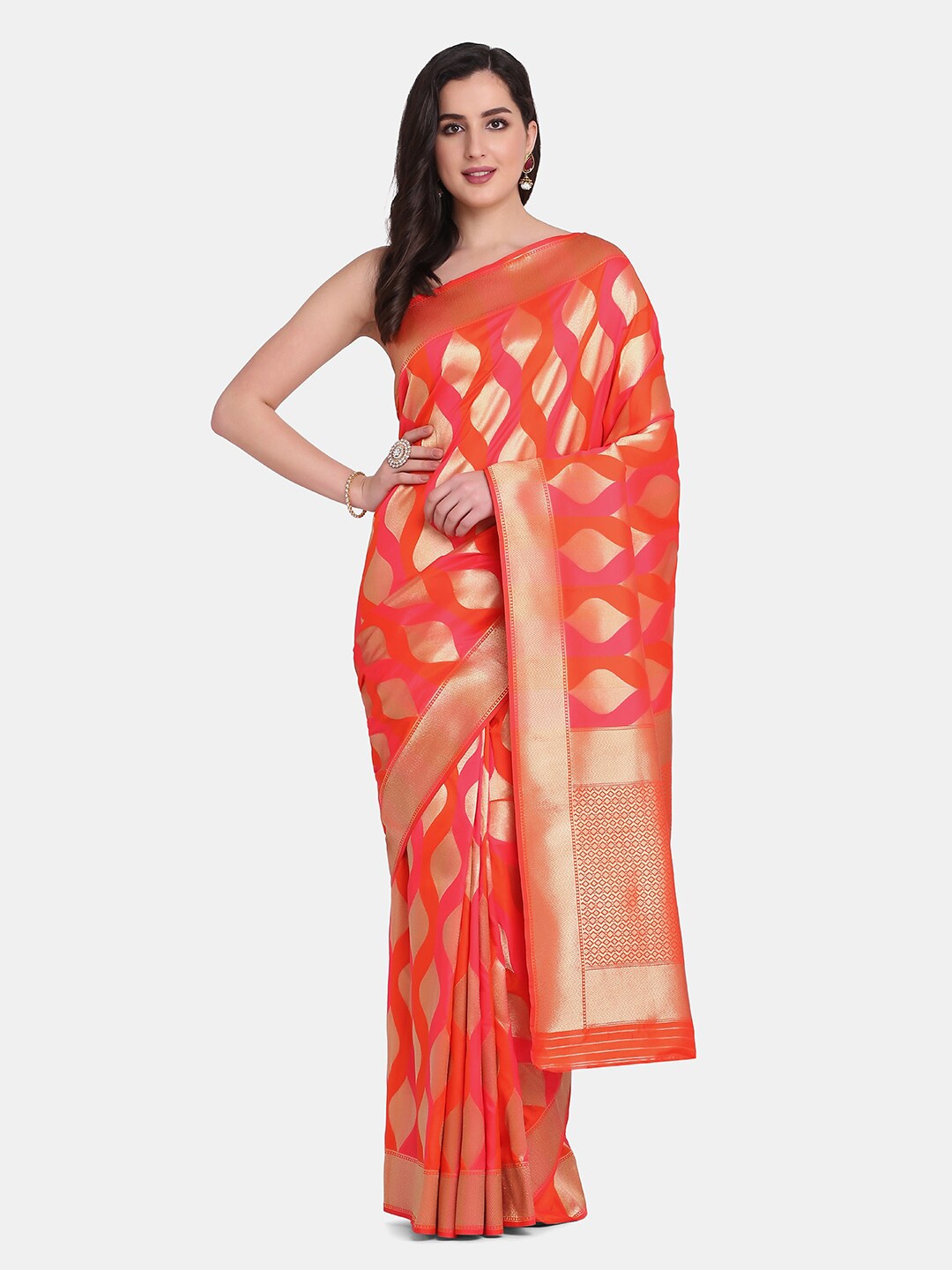 

BOMBAY SELECTIONS Orange & Gold-Toned Woven Design Zari Pure Silk Kanjeevaram Saree