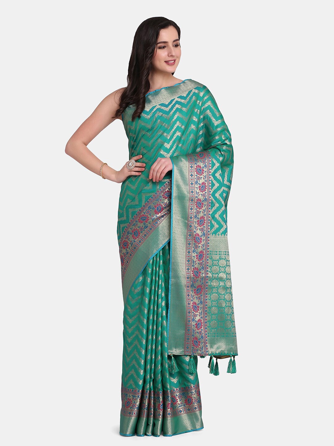 

BOMBAY SELECTIONS Green & Gold-Toned Floral Zari Art Silk Banarasi Saree