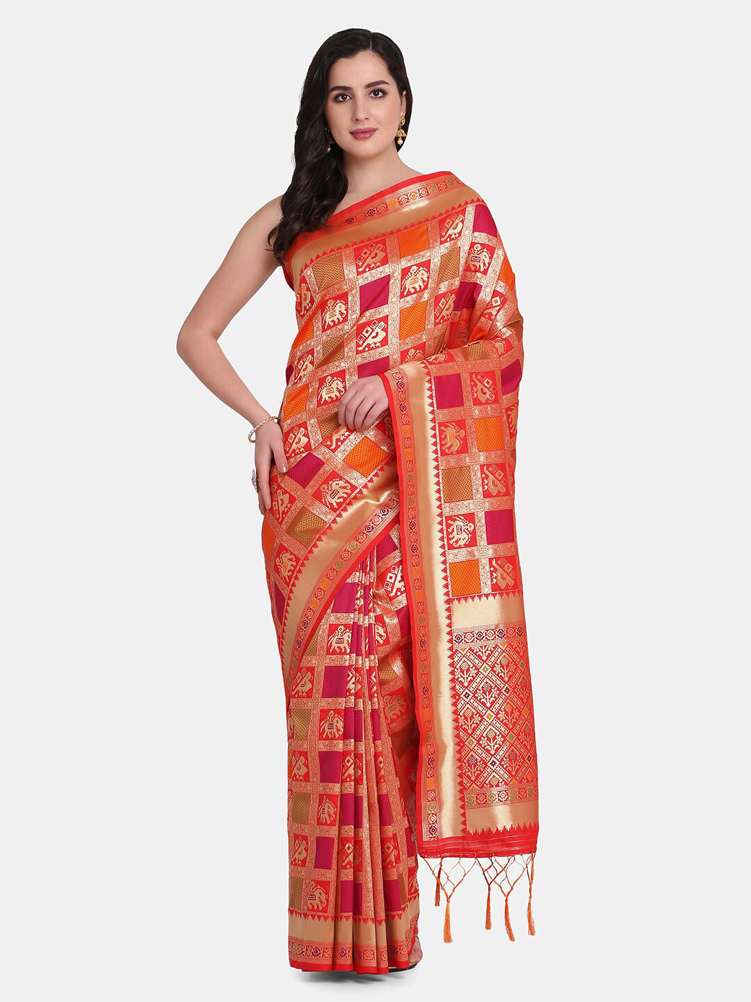 

BOMBAY SELECTIONS Red & Green Woven Design Zari Pure Silk Banarasi Saree