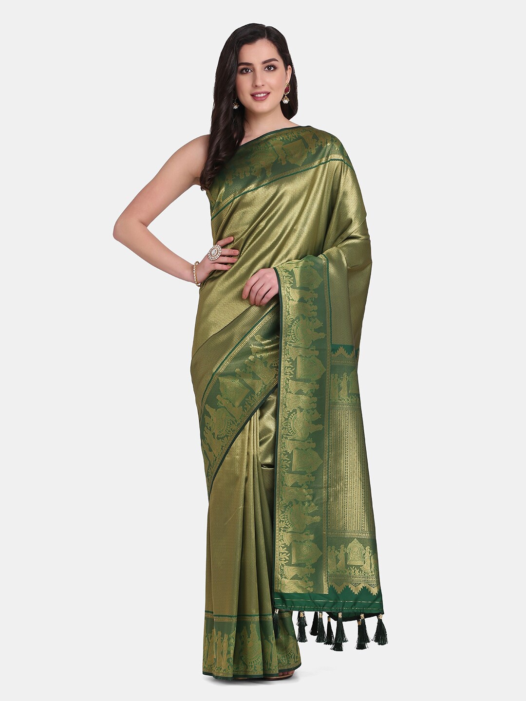 

BOMBAY SELECTIONS Green & Gold-Toned Woven Design Zari Pure Silk Kanjeevaram Saree
