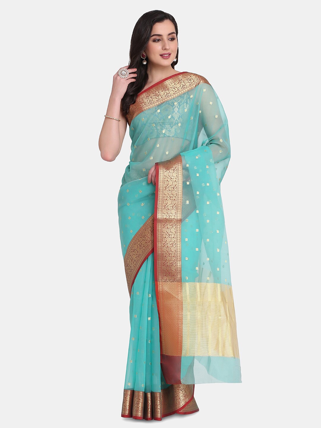 

BOMBAY SELECTIONS Green & Rust Woven Design Organza Banarasi Saree