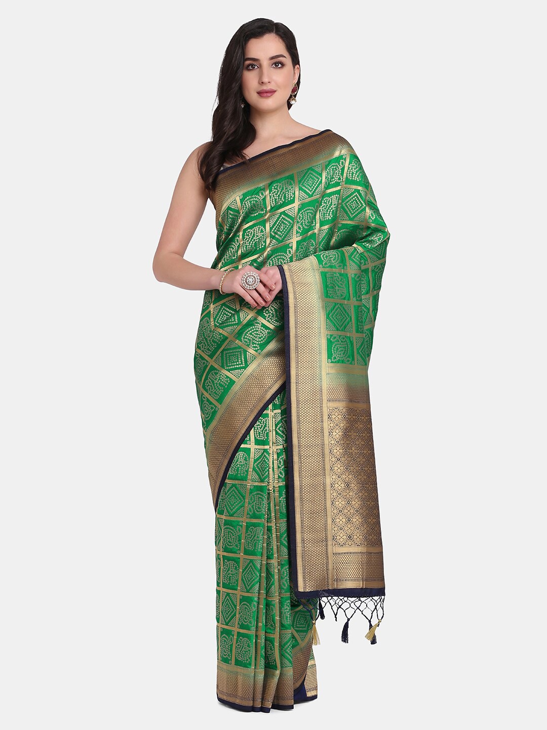 

BOMBAY SELECTIONS Green & Gold-Toned Woven Design Art Silk Banarasi Saree