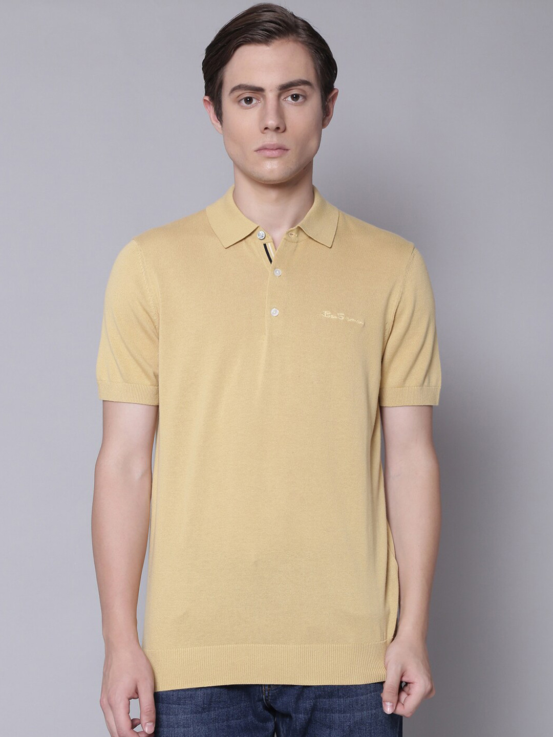 

BEN SHERMAN Men Beige Polo Collar Regular Fit Pure Cotton T-shirt