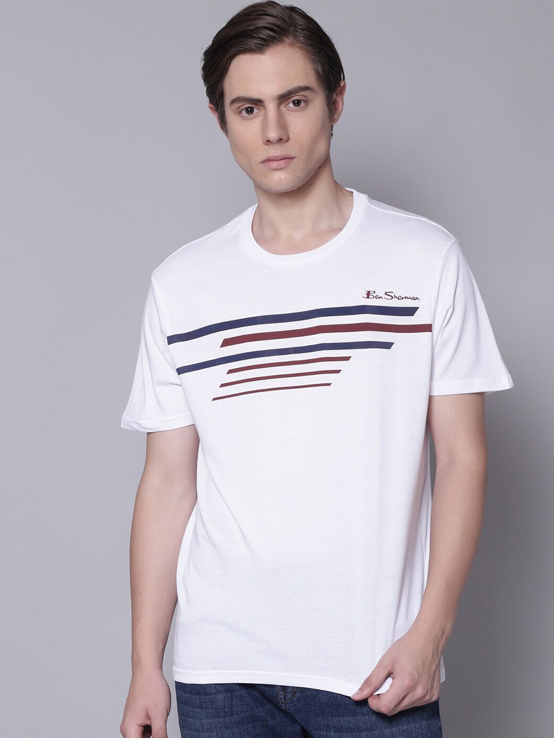 

BEN SHERMAN Men White Regular Fit Cotton T-shirt