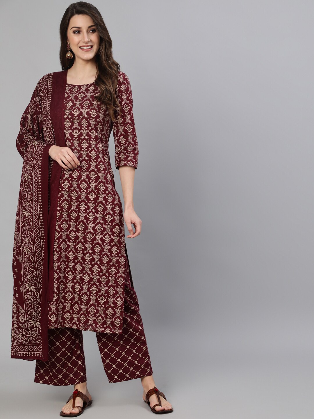 

Nayo Wine Red Ethnic Motifs Printed Pure Cotton Kurta Set, Burgundy