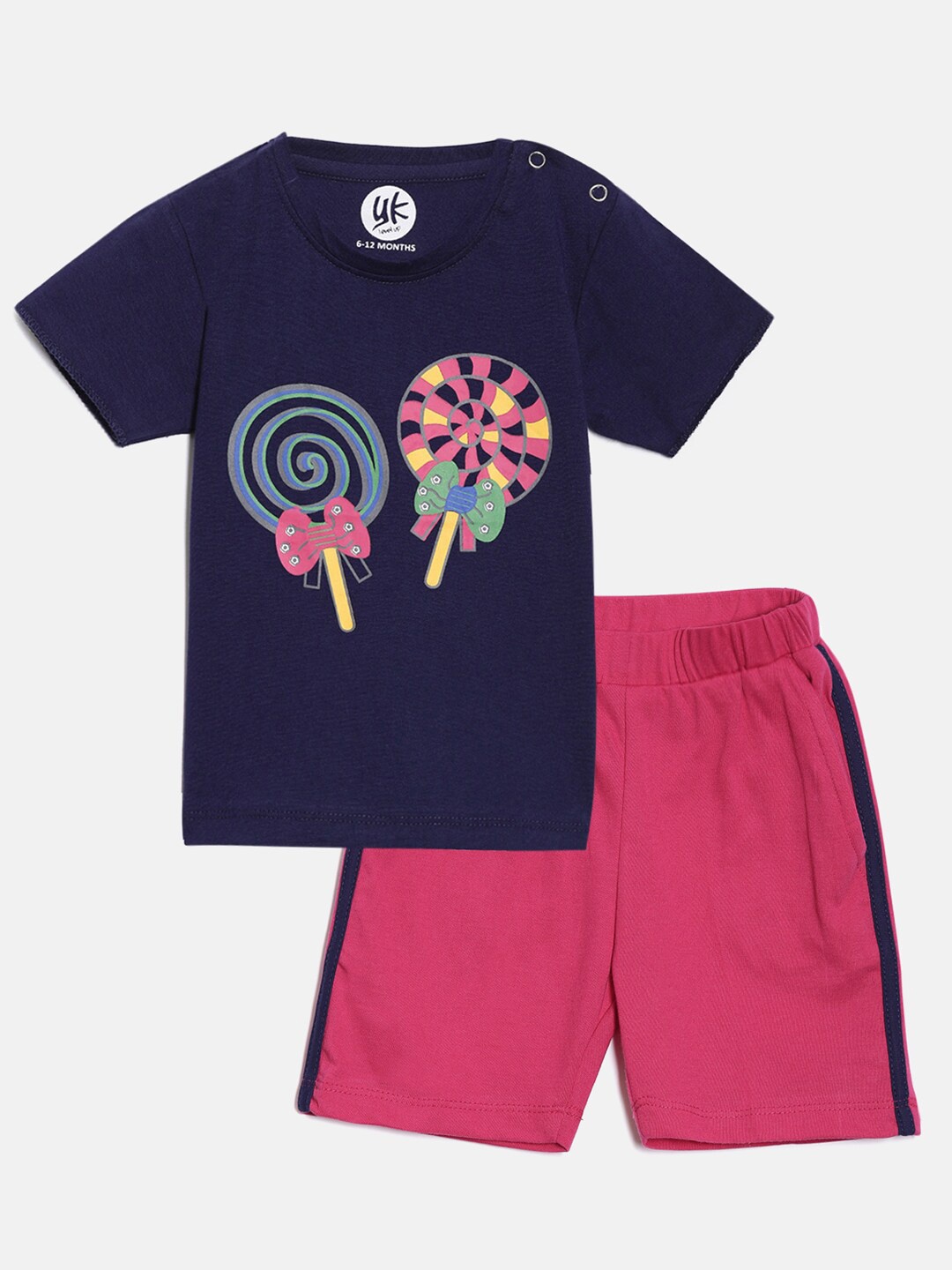 

YK Girls Pink Navy Blue Printed Cotton T-shirt Shorts Clothing Set