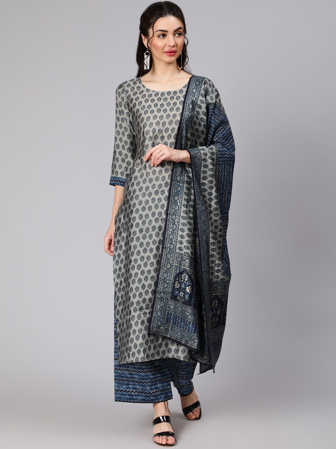 

Nayo Women Grey Ethnic Motifs Printed Panelled Chanderi Silk Kurta with Palazzos & With Dupatta