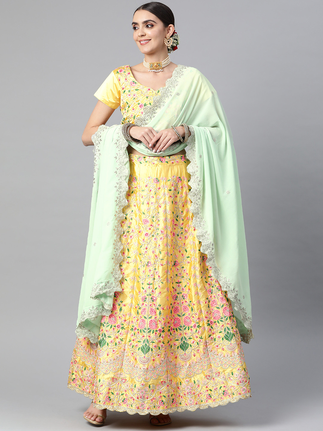 

Readiprint Fashions Yellow & Pink Embroidered Unstitched Lehenga & Blouse With Dupatta