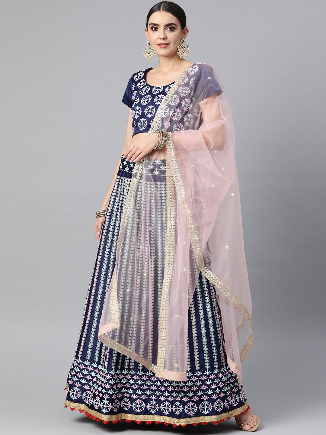 

Readiprint Fashions Blue & Pink Embroidered Thread Work Unstitched Lehenga & Blouse With Dupatta