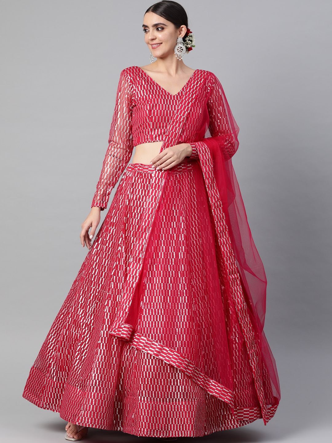 

Readiprint Fashions Red Embroidered Sequinned Unstitched Lehenga & Blouse With Dupatta