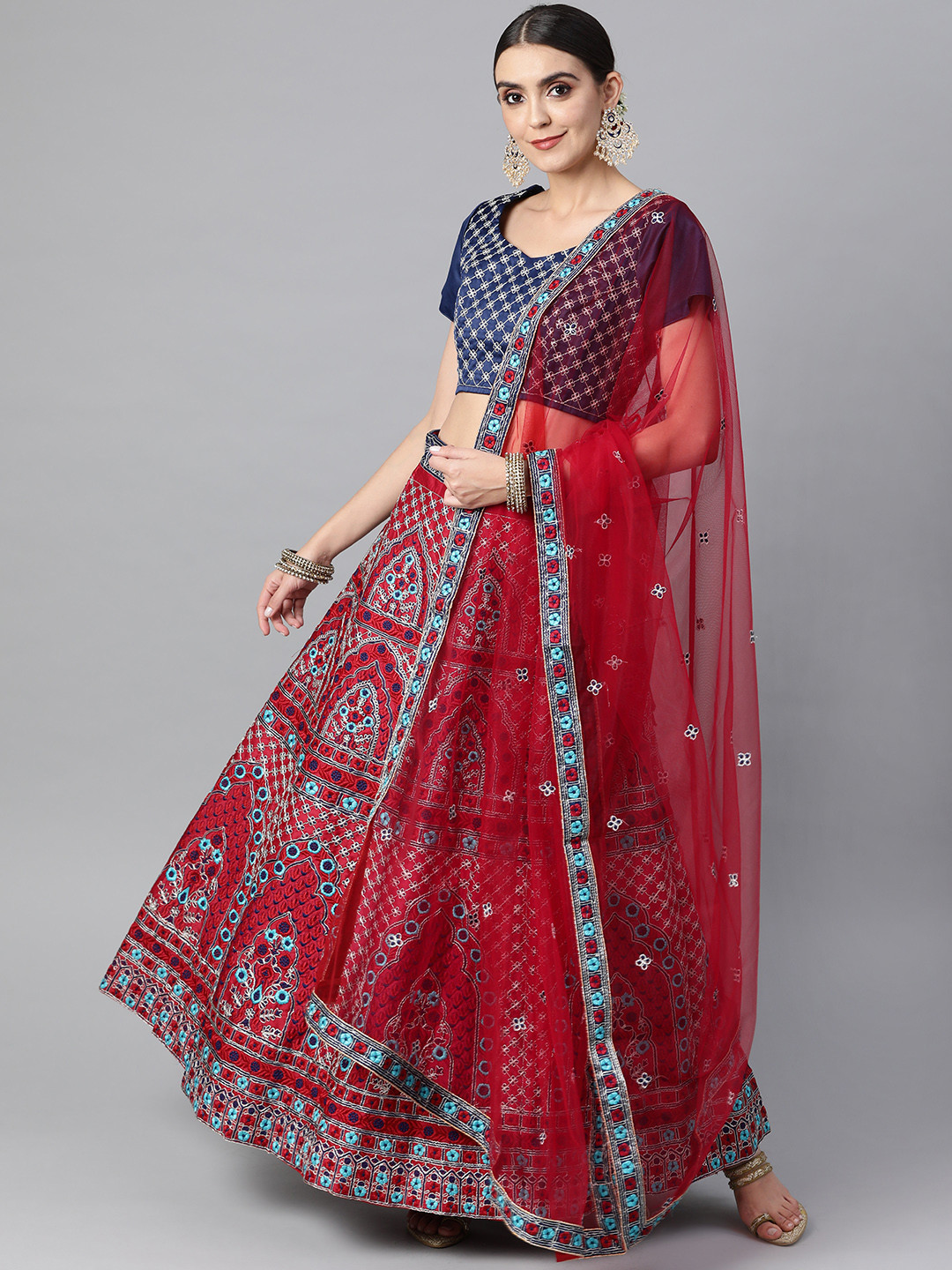 

Readiprint Fashions Maroon & Blue Embroidered Zardozi Unstitched Lehenga & Blouse With Dupatta