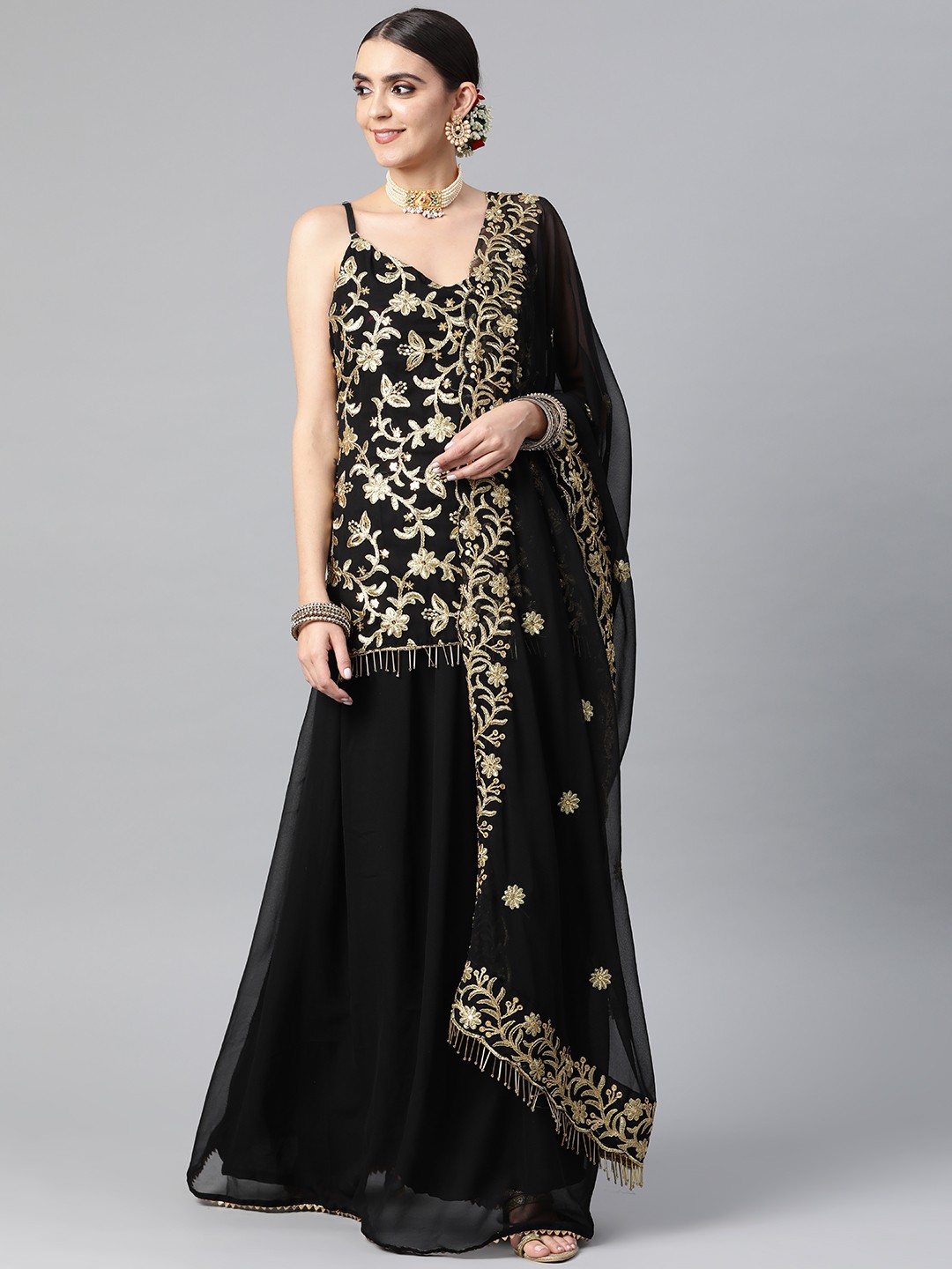 

Readiprint Fashions Black & Golden Embroidered Unstitched Lehenga & Blouse With Dupatta