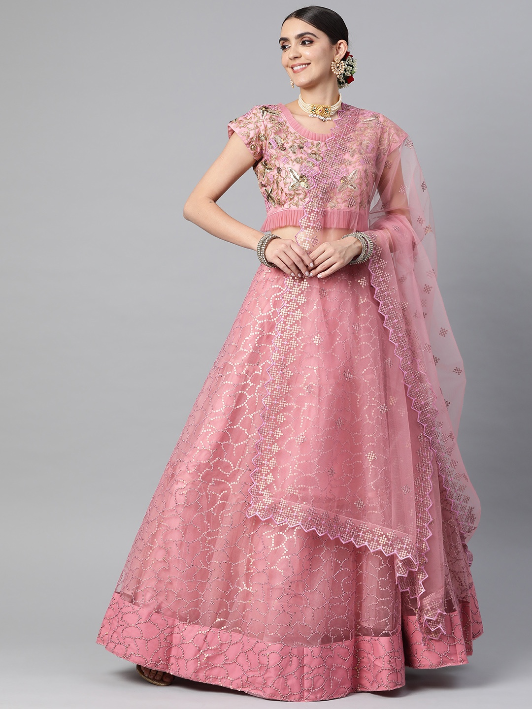 

Readiprint Fashions Pink & Gold-Toned Embroidered Sequinned Unstitched Lehenga & Blouse With Dupatta