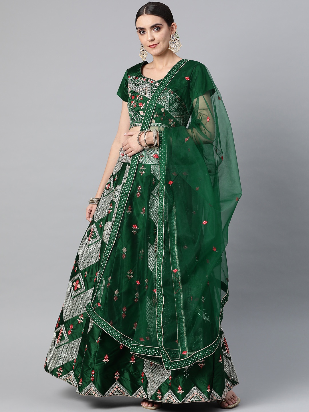 

Readiprint Fashions Green & Silver-Toned Embroidered Sequinned Unstitched Lehenga & Blouse With Dupatta