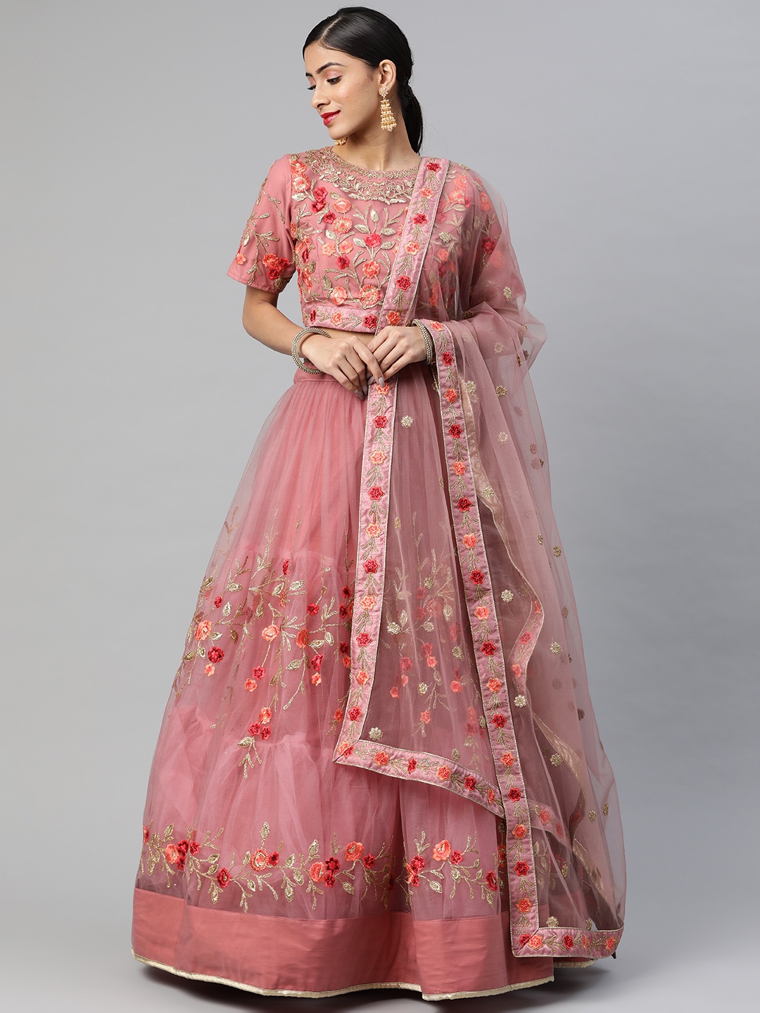 

Readiprint Fashions Pink Embroidered Unstitched Lehenga & Blouse With Dupatta