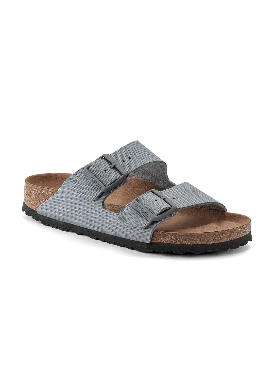 

Birkenstock Arizona Vegan Stone Coin Narrow Width Textile Two-Strap Sandals, Grey