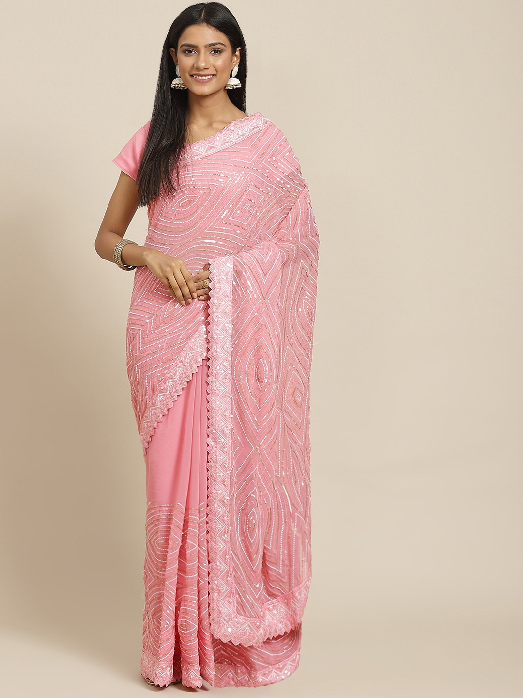 

Readiprint Fashions Pink Embellished Sequinned Pure Georgette Saree