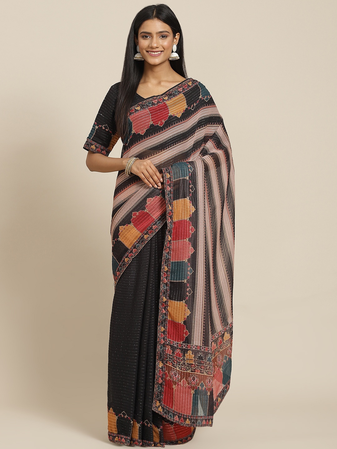 Readiprint Fashions Black & Pink Ethnic Motifs & Striped Sequinned Pure Georgette Saree
