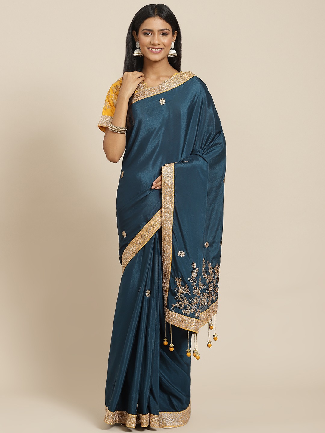 

Readiprint Fashions Teal Green & Golden Floral Zardozi Silk Blend Saree