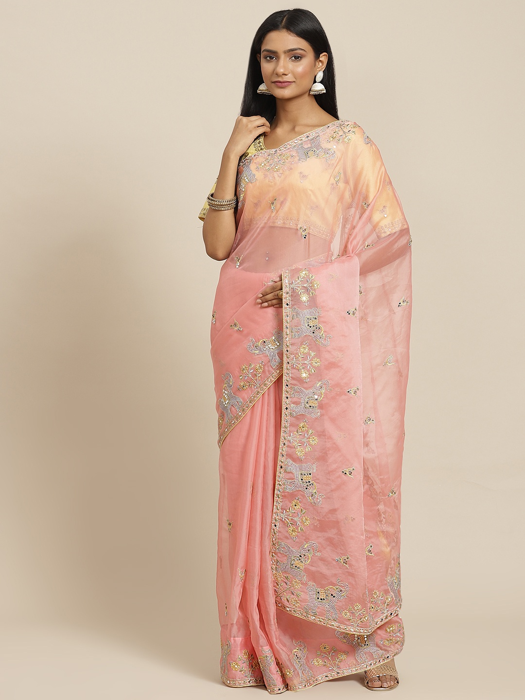 

Readiprint Fashions Pink & Yellow Floral Mirror Work Pure Silk Saree