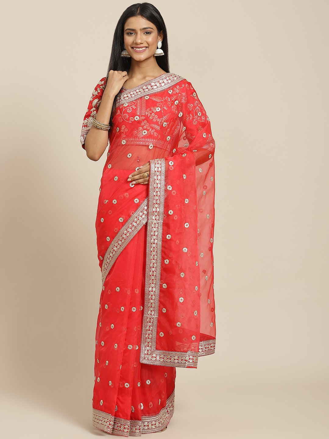 

Readiprint Fashions Red Floral Zardozi Organza Saree