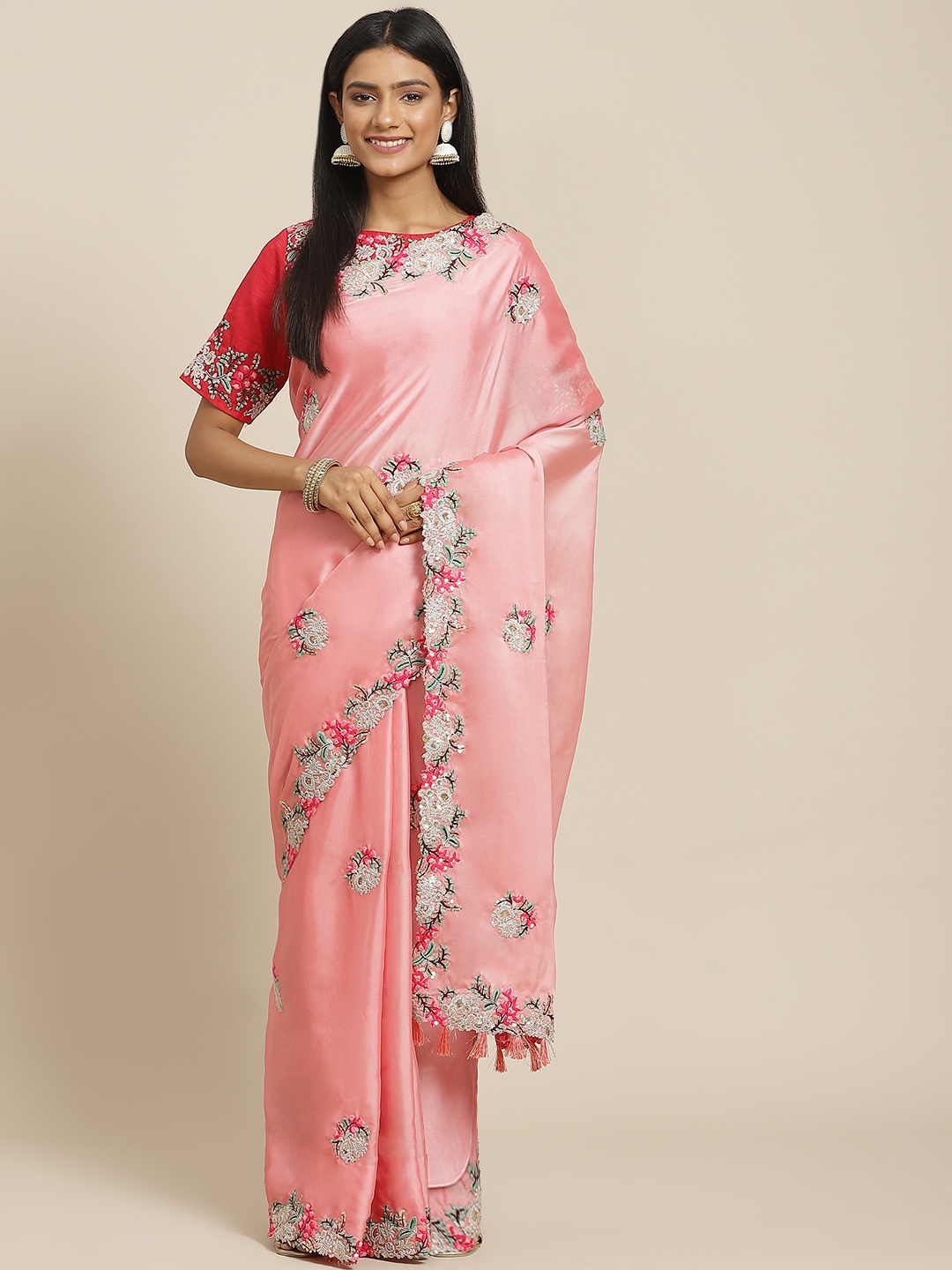 

Readiprint Fashions Pink & Silver Floral Embroidered Pure Georgette Saree