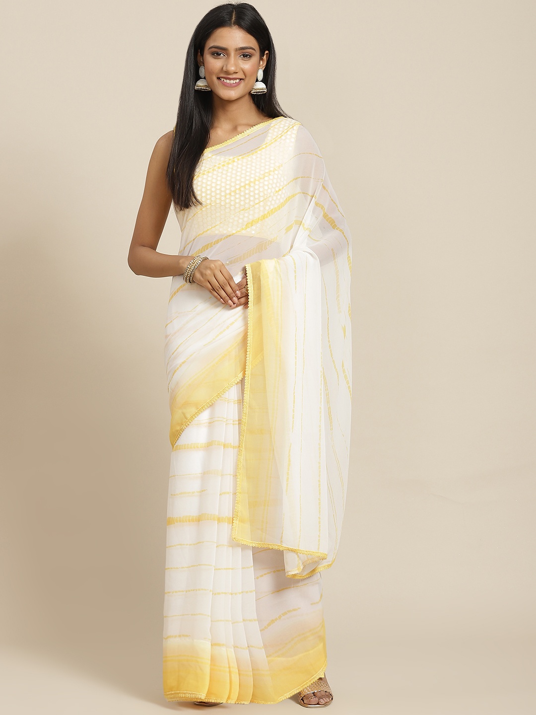

Readiprint Fashions White & Yellow Tie and Dye Mirror Work Pure Georgette Saree
