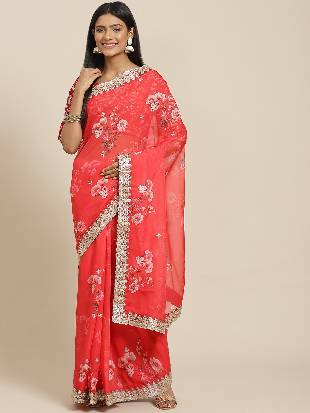 

Readiprint Fashions Red & Silver Floral Gotta Patti Pure Silk Saree