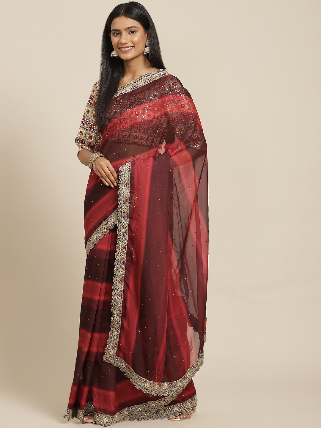 

Readiprint Fashions Red & Brown Striped Zardozi Pure Silk Saree